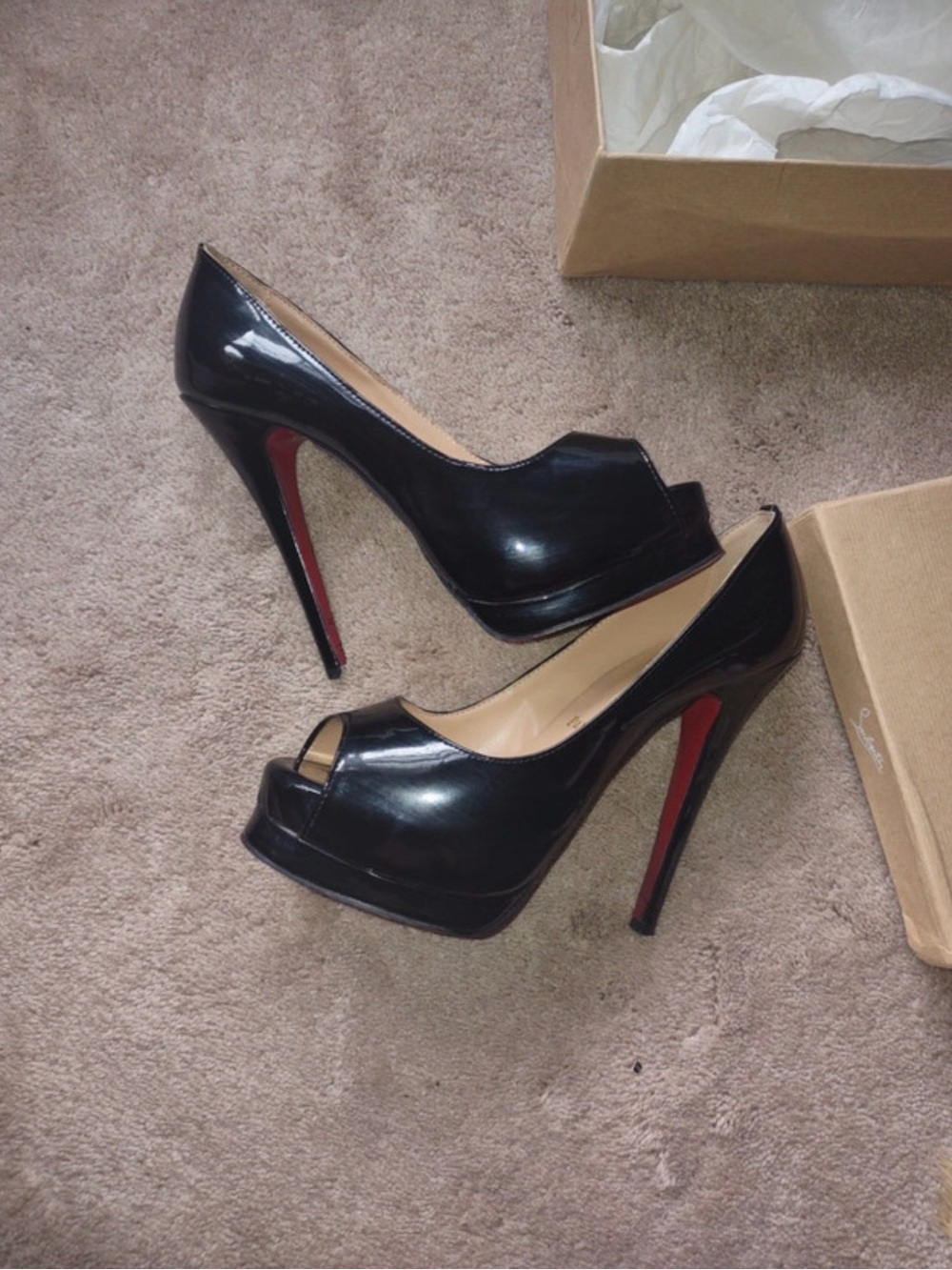 *** SOLD ***Black Patent Peep-Toe High Heel Pumps - Women